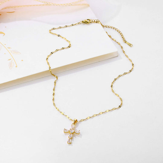 Gold cross shelf necklace with crystal inlay and lip chain style, trendy European-American jewelry, stainless steel, 21cm-50cm perimeter.