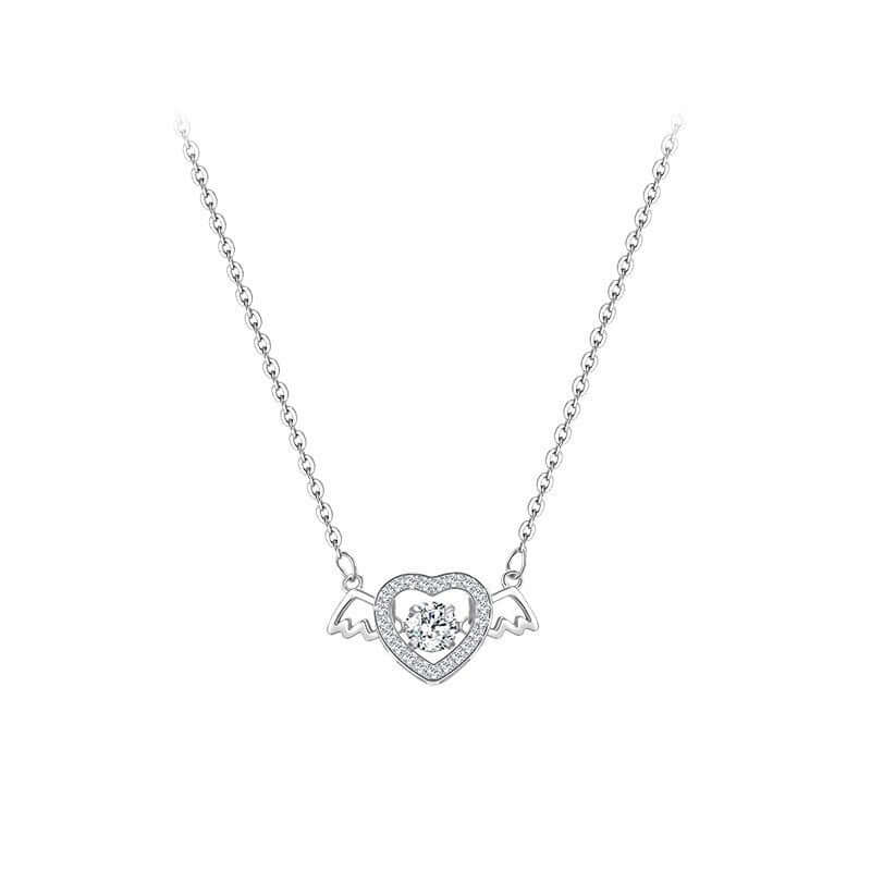 S925 sterling silver angel heart necklace with white gold pendant and cross chain, featuring wings and heart shape. Ethical, affordable jewelry.