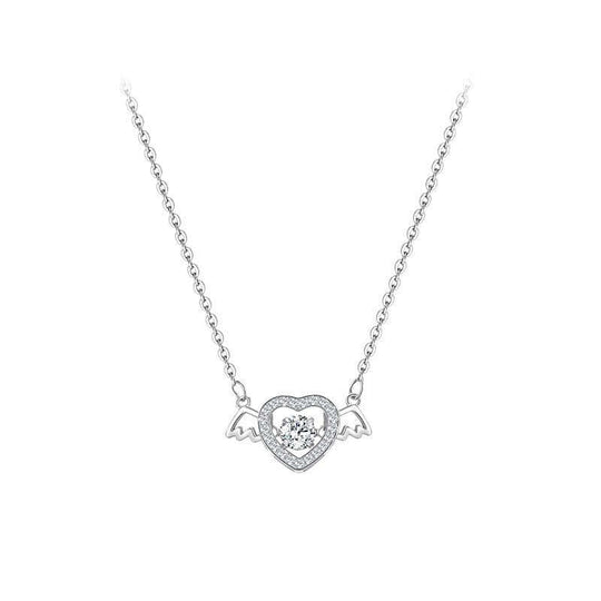 S925 sterling silver angel heart necklace with white gold pendant and cross chain, featuring wings and heart shape. Ethical, affordable jewelry.