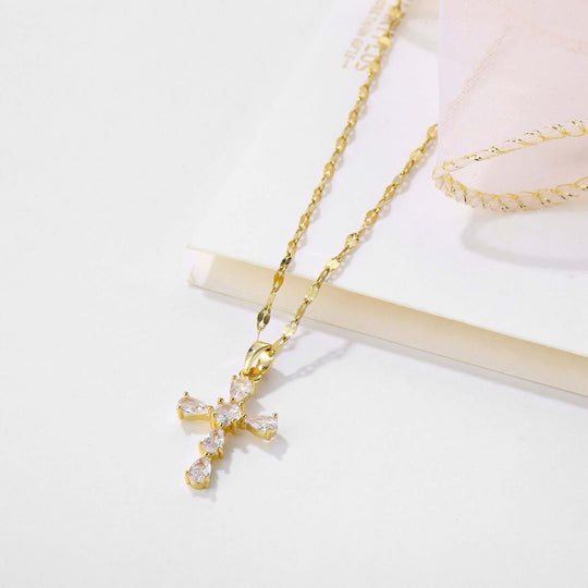 Gold cross necklace with crystal inlay on lip chain, stylish and trendy jewelry for a sexy look, 21cm-50cm perimeter, European and American style.