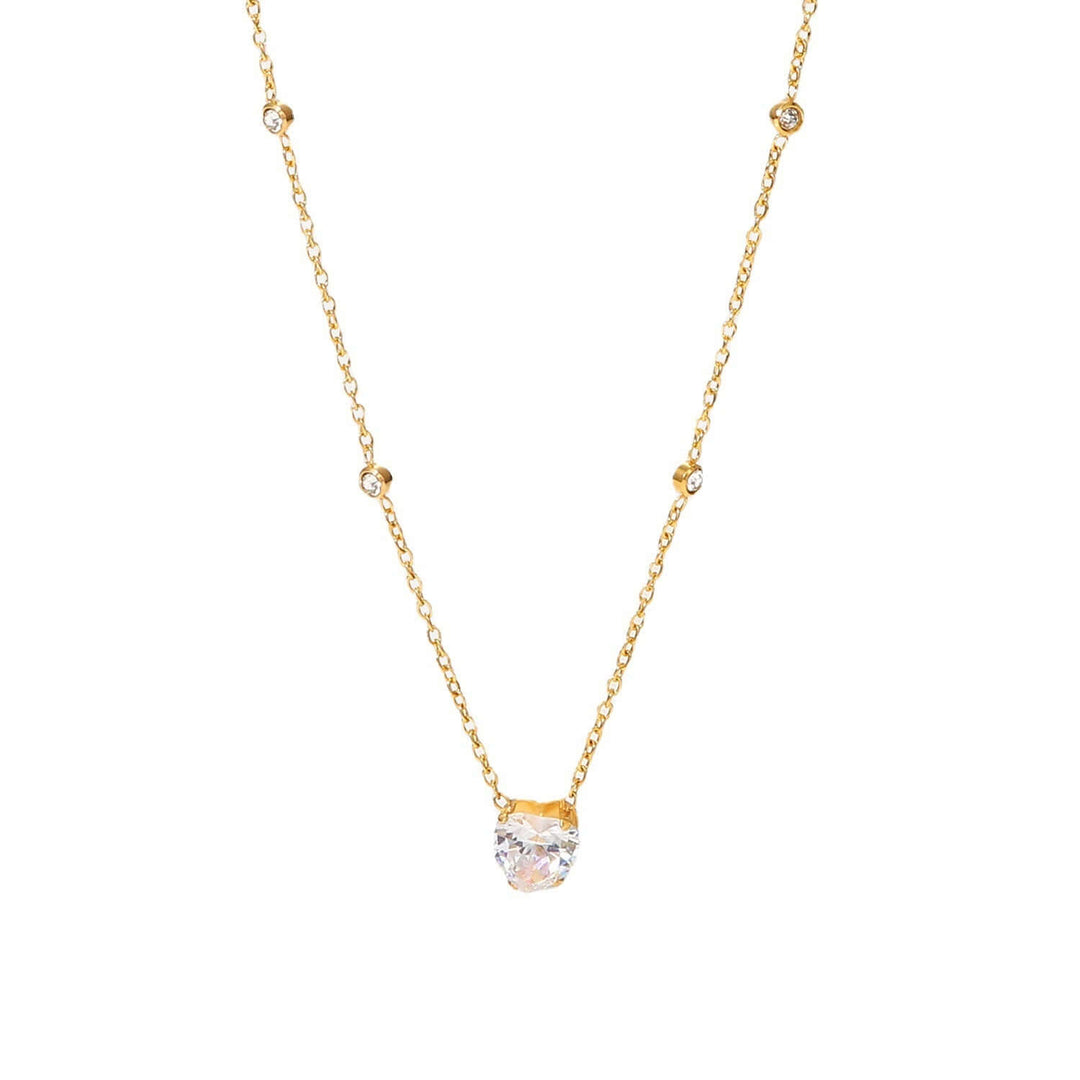 Gold plated white heart shape zircon necklace on ball bead chain, trendy and sexy jewelry for women.