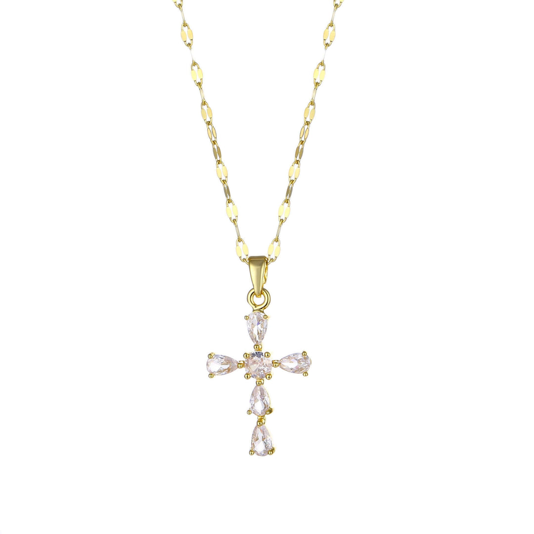 Gold cross necklace with crystal inlay, lip chain style, sexy and trendy European and American jewelry, stainless steel material.